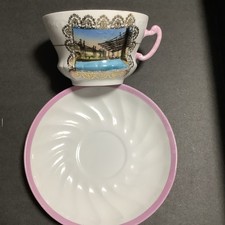 Porcelain Pink White Gold Scenic Mustache Cup & Saucer Set Gold Trim picture