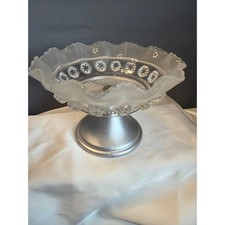 Vintage Frosted Glass Ruffled Compote Dish Silver Pedestal Base Centerpiece 5.5