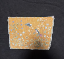 Antique Asian Embroidered Burlap Blue Bird Floral Panel 11