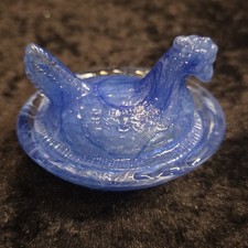 Cobalt Blue Slag Glass Mini Hen on Nest Covered Salt Cellar 2.5