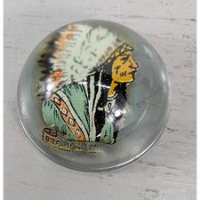 Vintage Glass Dome Paperweight Native American Chief Headdress 3in. Round picture