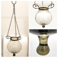 Antique Vintage Hand Blown Glass Hanging Hundi Bell Jar Globe Candle Lantern picture