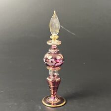 Vintage Egyptian Hand Blown Pink Purple Etched Glass Perfume Bottle Gold Trim 6
