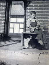 Vtg 1920s B&W snapshot photo boy child collie dog portrait cute pet animal picture