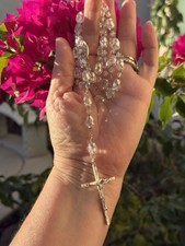 Vintage Gorgeous Stunning Faceted Rock Crystal Beads Silver Tone Rosary Quality picture