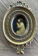 Vintage Ornate Brass Frame Praying Girl Print Glass Oval Frame Italy picture