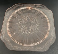 Jeannette Glass Adam Pink Glass Cake Plate Depression Glass Footed Vintage picture