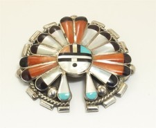 Vintage Dexter & Eva Cellicion Zuni Sterling Silver Ornate Inlay Pendant + Pin picture