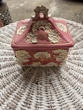 Vintage Italian Ceramic Trinket Box Pink Gold Gilt Footed Lidded Mid Century picture