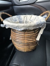 Vintage Curved Split Reed Basket w/Custom French Toile Fabric Tie Liner picture