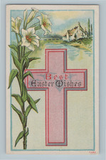 Best Easter Wishes Red Cross White Flowers Church Vintage Holiday Postcard K6 picture