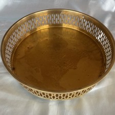 Vtg MCM Large Round Brass Gallery Drink Tea Tray Pierced ~10.5” Filigree footed picture