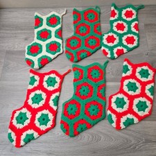 Vintage Crochet Stockings 6ct Christmas Handmade Granny Square Boho Cottagecore picture