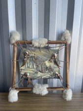 VTG  Native American Dream Catcher Bison Painting Leather Hanging Fur Feather picture