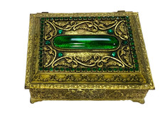 STUNNING Antique EMERALD GREEN ORNATE JEWELED CASKET VANITY Box E&JB EMPIRE GOLD picture