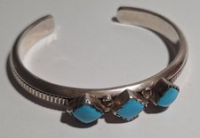 Vintage Wes Craig Navajo Sterling Silver 3 Turquoise Stone Cuff Bracelet 43g picture