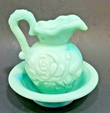 Avon Light Green Victorian Slag Glass Rose Pitcher & Basin Bowl No Stopper picture