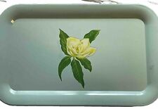 MID-CENTURY MODERN BLUEGREEN RECTANGLE WITH MAGNOLIA FLOWER METAL TRAY picture