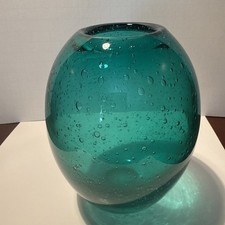 Bulbous Glass Vase Teal Oval Bubble Glass Vase 5.75” Tall Heavy picture