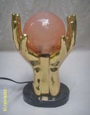 UNUSUAL VTG LAMP BRASS HANDS HOLDING GLASS GLOBE BALL SPHERE ON MARBLE BASE MCM picture