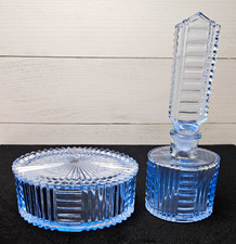 VTG 1930s Art Deco Czech Ice Blue Glass Perfume Bottle Stopper Lidded Powder Box picture