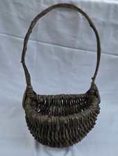 VTG Hand Woven Wicker Buttocks Basket Natural Wood Split Reed God's Eye Handle picture