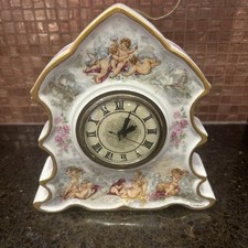 LANSHIRE  HAND PAINTED PORCELAIN ELECTRIC CLOCK~SIGNED~WORKS~CHERIBS picture