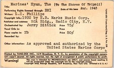 Tune-Dex Card Marines Hymn To Shores of Tripoli 1943 USMC Authorized WWII picture