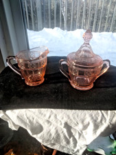 Vintage Jeanette 1930's Doric Pattern Pink Depression Creamer & Sugar Bowl w Lid picture