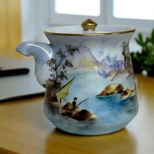 Kyusu Japanese Teapot Hand Painted Signed Sansui Porcelain Fisherman Fuji VTG picture