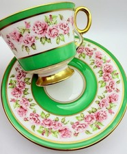 Vintage Adderley England Pink Rose Floral Green Band Gold Cup & Saucer; Teacup picture