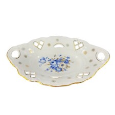 Vintage Apulum Fine Romanian Porcelain Dish Bowl With Handles Blue Flowers VTG picture