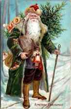 Long Green Robe Santa Claus with Tree~Toys~Antique Christmas Postcard~k483 picture