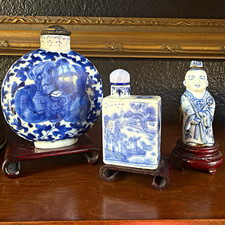 LOT of 3 Antique Chinese Blue & White Porcelain Snuff Bottles 1976 receipt picture