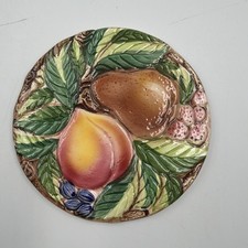 Italian Majolica Trivet Round Basket Weave With Fruit Peach & Pear Pottery picture