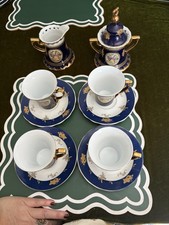 Vtg French  Cobalt Blue Gold Porcelain Coffee Tea Set Of 4 Cups Creamer Sugar picture