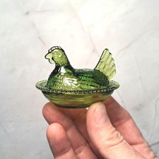 Indiana Style Glass Mini Hen On Nest Chicken Salt Dish, Olive Green, VTG Style picture
