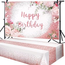 Breling 2 Pcs Pink Floral Happy Birthday Backdrop Banner for Women Girls, Ros... picture