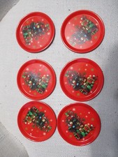 Vintage Metal Tin Red Christmas Coasters w/ Christmas Tree Hong Kong lot of 6 picture