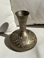 Vintage Hand Painted Solid Brass and Enamel Etched Floral Indian Vase Round Base picture