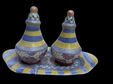 Mackenzie Childs Myrtle Salt & Pepper With Tray Ceramic Excellent  Condition picture