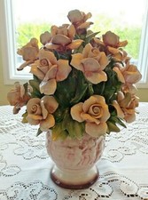 RARE VINTAGE LARGE CAPODIMONTE CENTER PIECE OF PINK ROSES IN VASE  picture