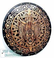 24'' Fenrir Wolf Carved Wooden Viking Shield Battle-Worn Shield Wall Décor Gift picture