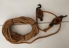 Antique Upton Walton Block Tackle Pulley Set w/ Rope, Hooks Nautical Barn picture