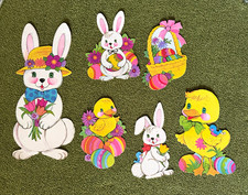 Vintage Easter Die Cuts Lot of 6 Cardboard Wall Decor Bunnies Ducklings 70s NOS picture