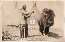 OK 1919 Chief Iron Tail Indian Camp Bison Buffalo Nickel Man RPPC Postcard COPY picture
