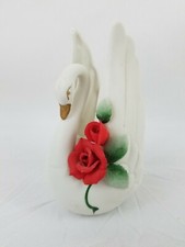 Norcrest Japan White Ceramic Swan Vase With Applied Red Flowers, 3.75x3x5.5