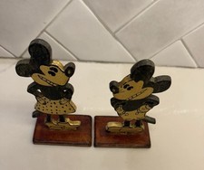 Antique Mickey Minnie Mouse Wood Folk Art Pair Hand Painted 1932 Inscribed picture