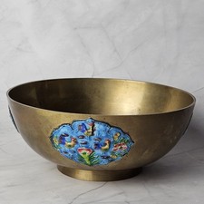 Vintage Chinoiserie Mid Century Modern Enamel Rooster Decorative Brass Bowl picture