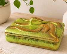 Vintage Yona California Pottery #334 Covered Box Green Gold MCM 1950s Signed picture
